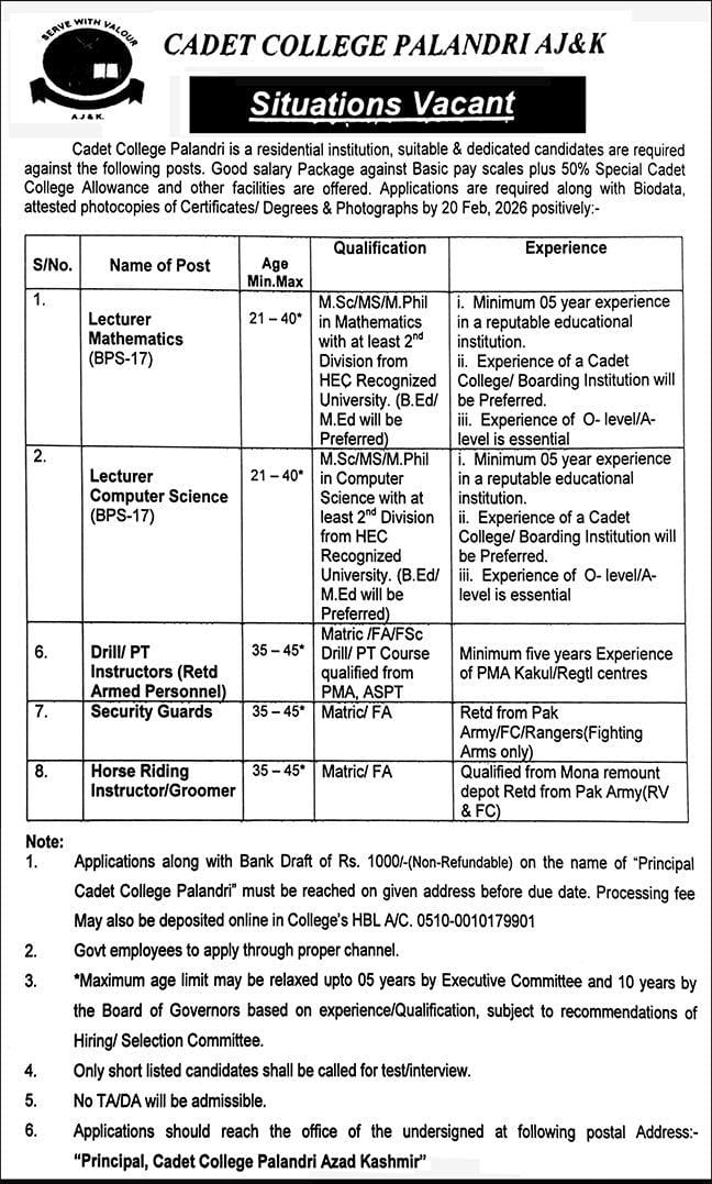 Cadet College Palandri AJ&K Jobs 2026 Latest opportunity