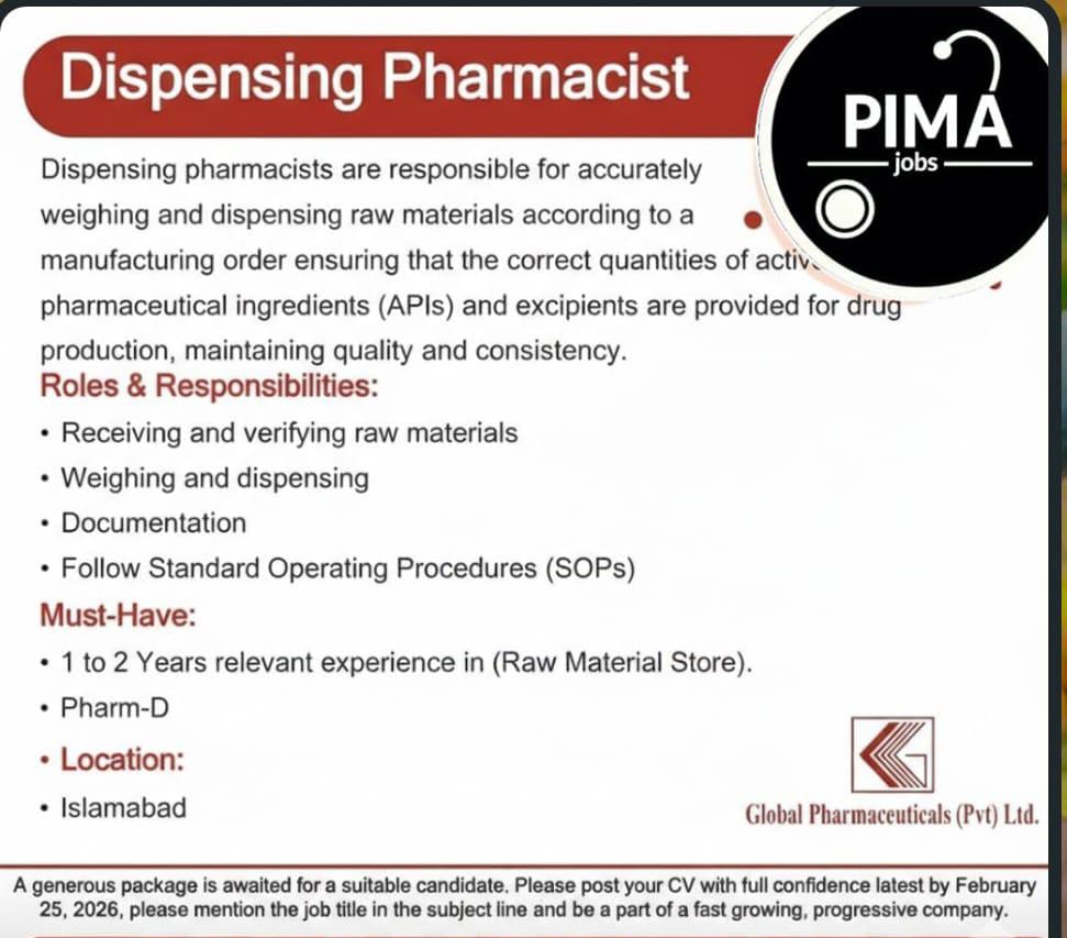 Dispensing Pharmacist Required in Islamabad Jobs 2026 Latest opportunity